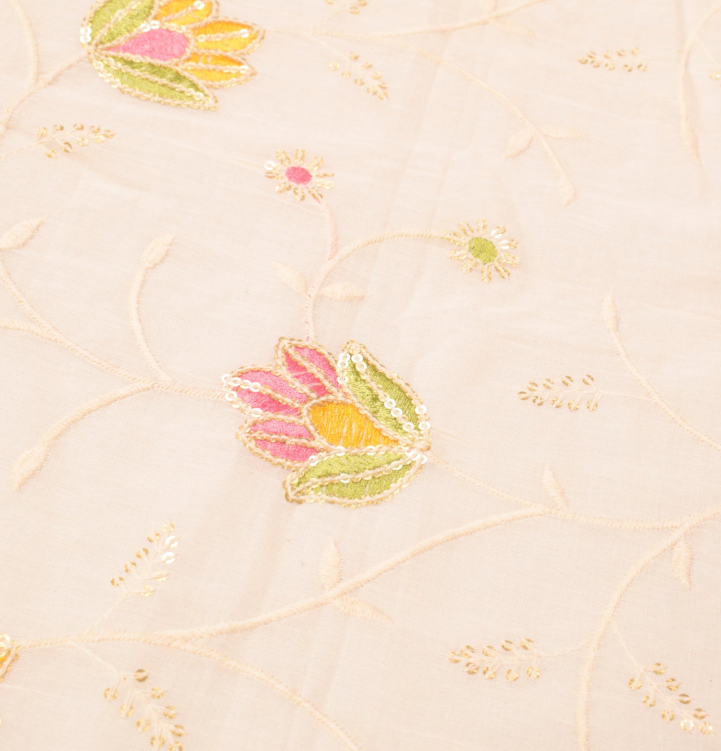 Sushila Vintage Floral Embroidered Dupatta Cream Pure Cotton Long Stole