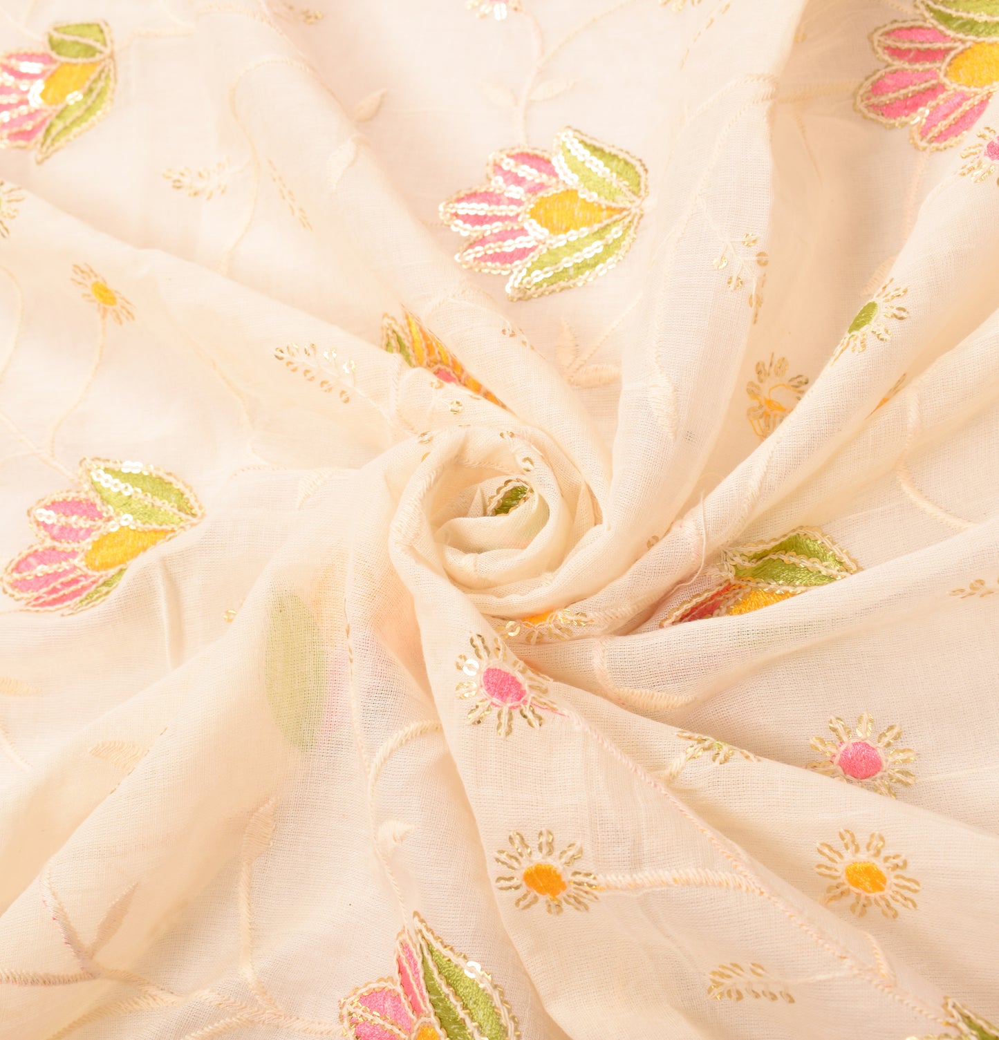 Sushila Vintage Floral Embroidered Dupatta Cream Pure Cotton Long Stole