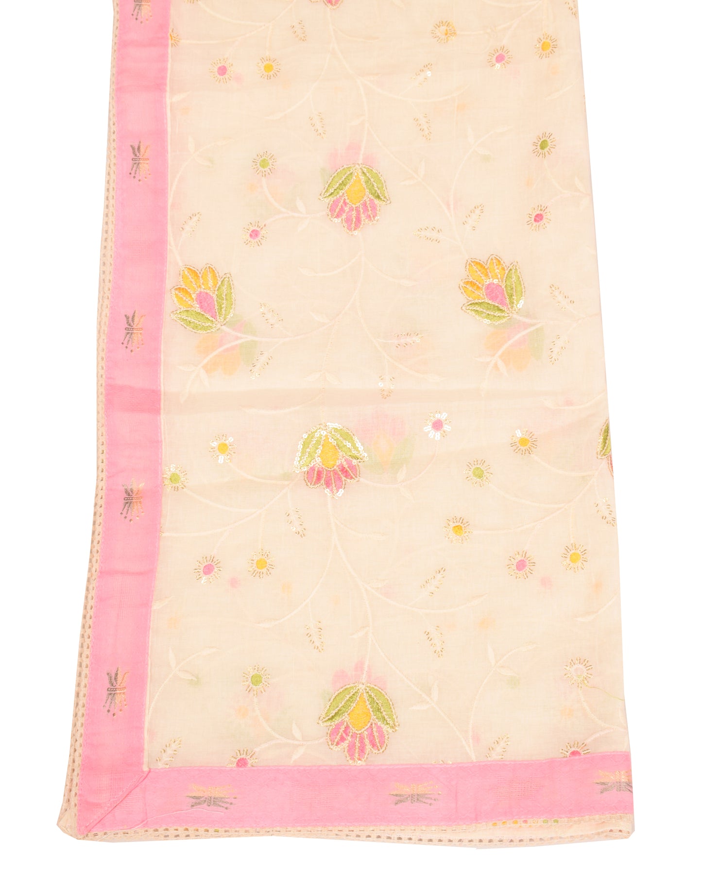 Sushila Vintage Floral Embroidered Dupatta Cream Pure Cotton Long Stole