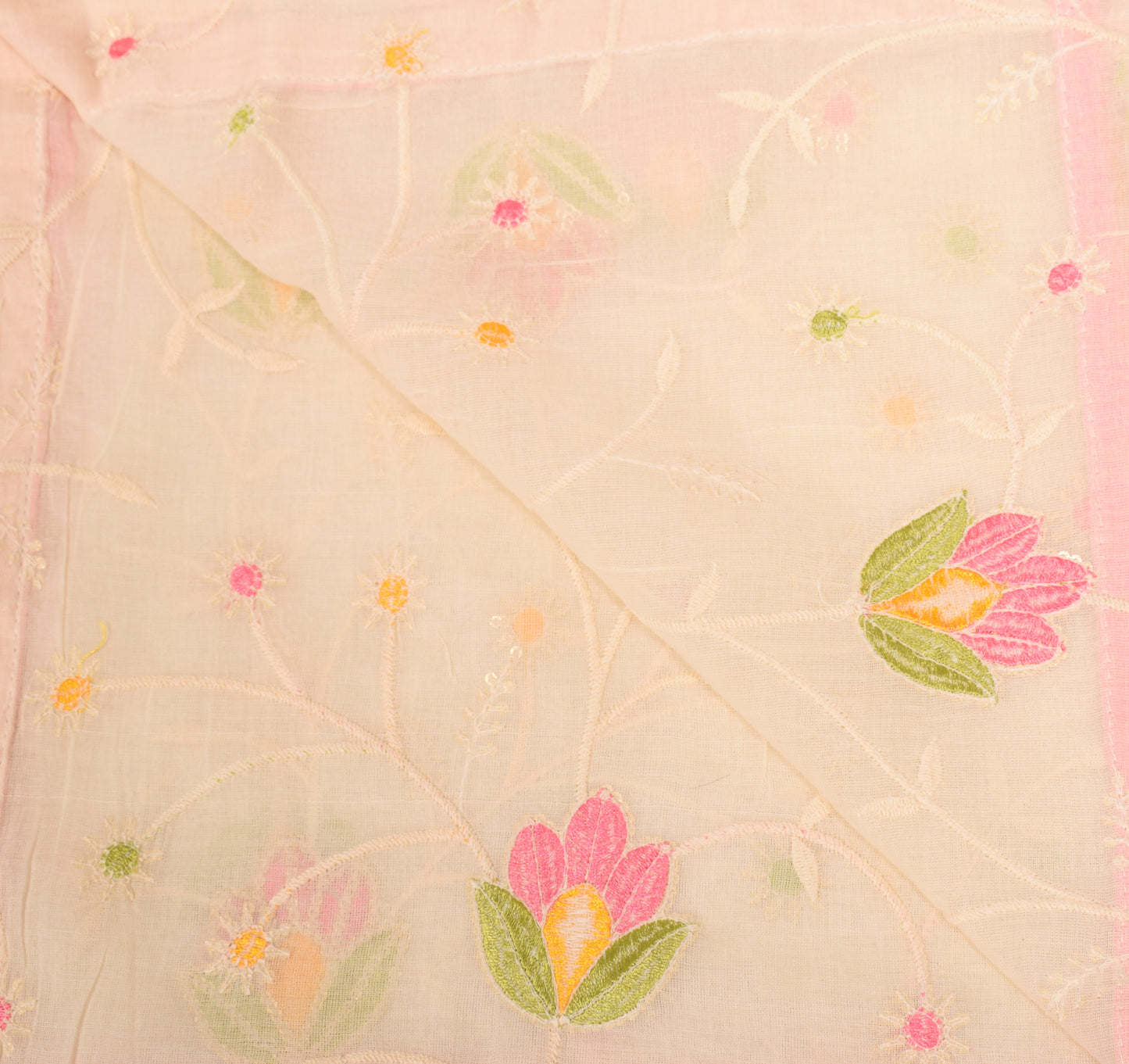 Sushila Vintage Floral Embroidered Dupatta Cream Pure Cotton Long Stole
