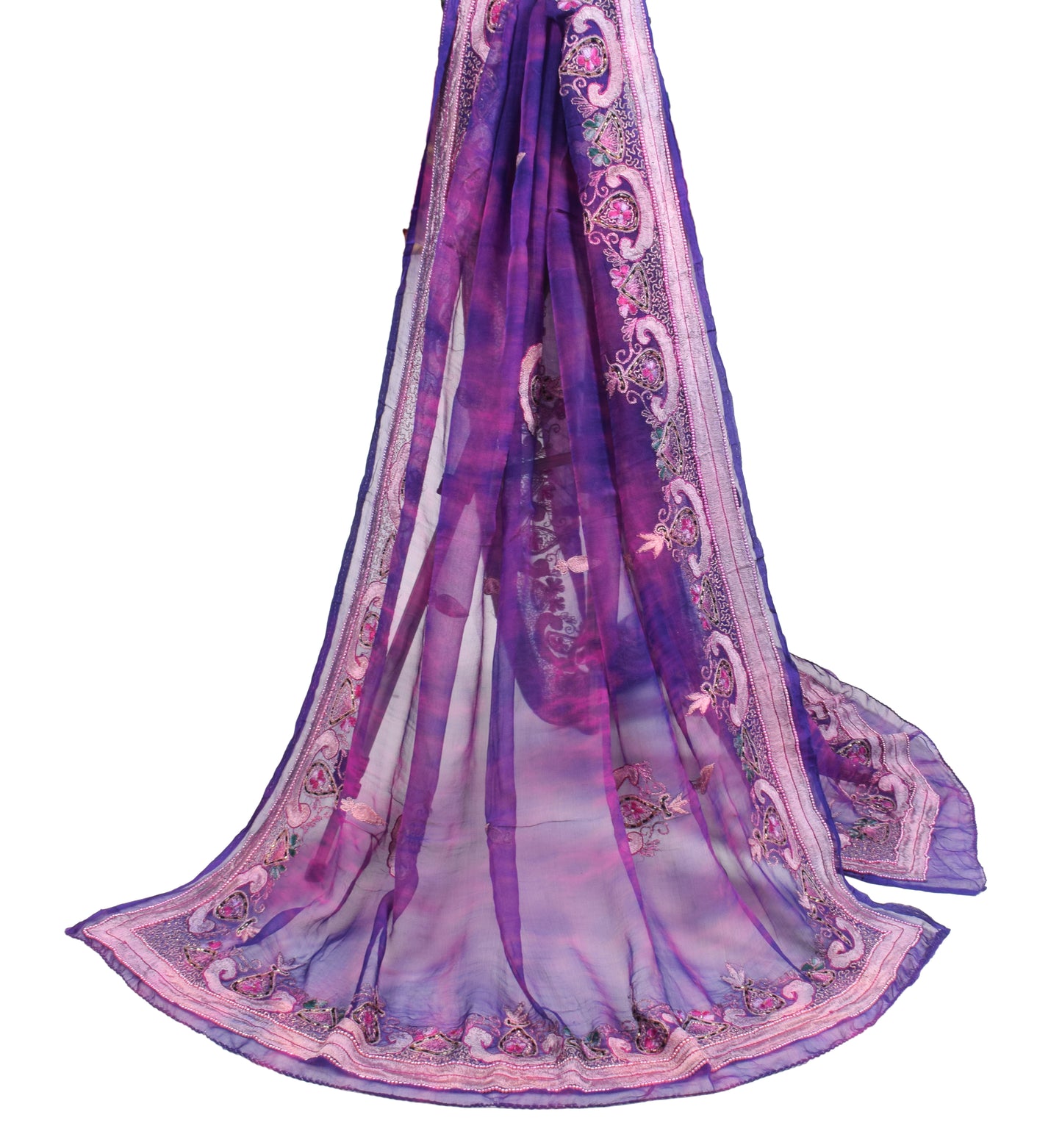 Sushila Vintage Magenta Tie-Dye Dupatta Pure Chiffon Embroidered Long Stole