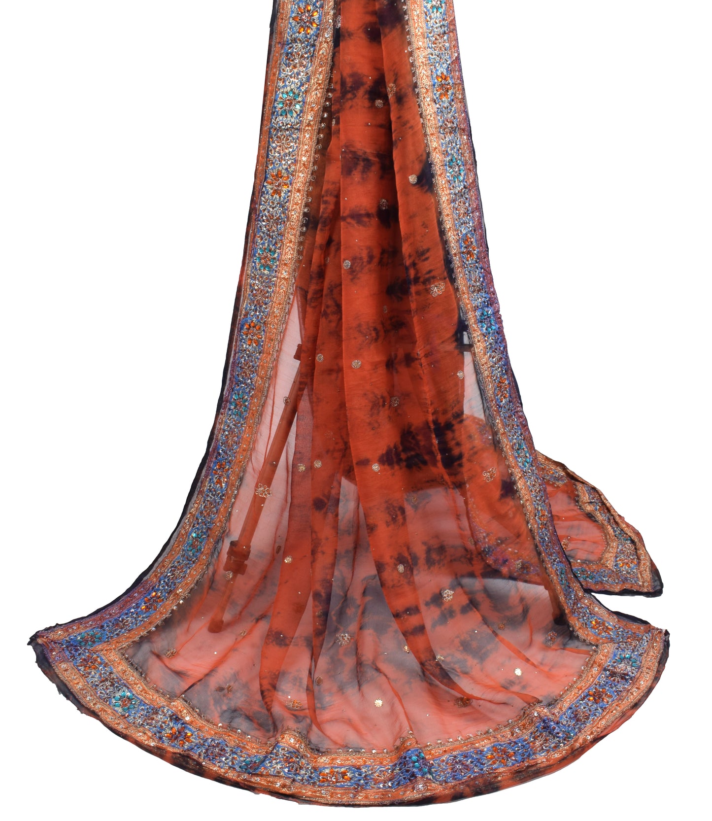 Sushila Vintage Rust Tie-Dye Dupatta Pure Chiffon Floral Hand Beaded Long Stole