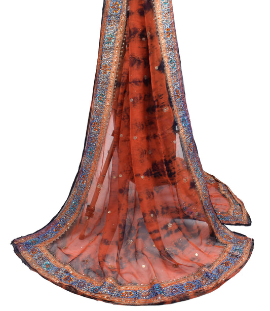 Sushila Vintage Rust Tie-Dye Dupatta Pure Chiffon Floral Hand Beaded Long Stole