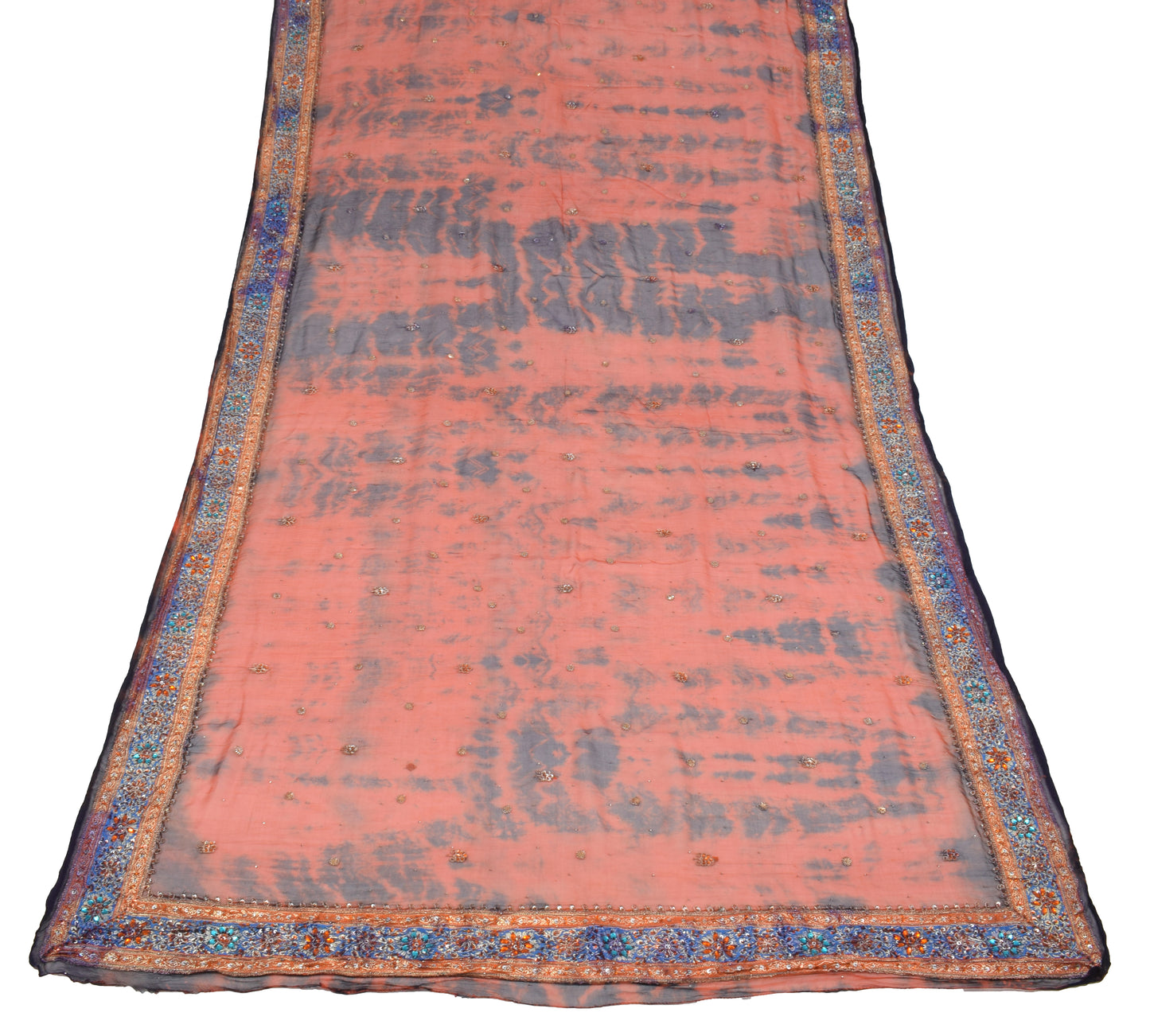 Sushila Vintage Rust Tie-Dye Dupatta Pure Chiffon Floral Hand Beaded Long Stole