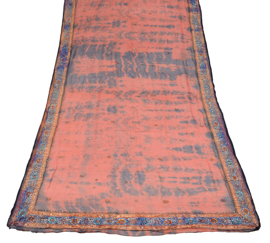 Sushila Vintage Rust Tie-Dye Dupatta Pure Chiffon Floral Hand Beaded Long Stole