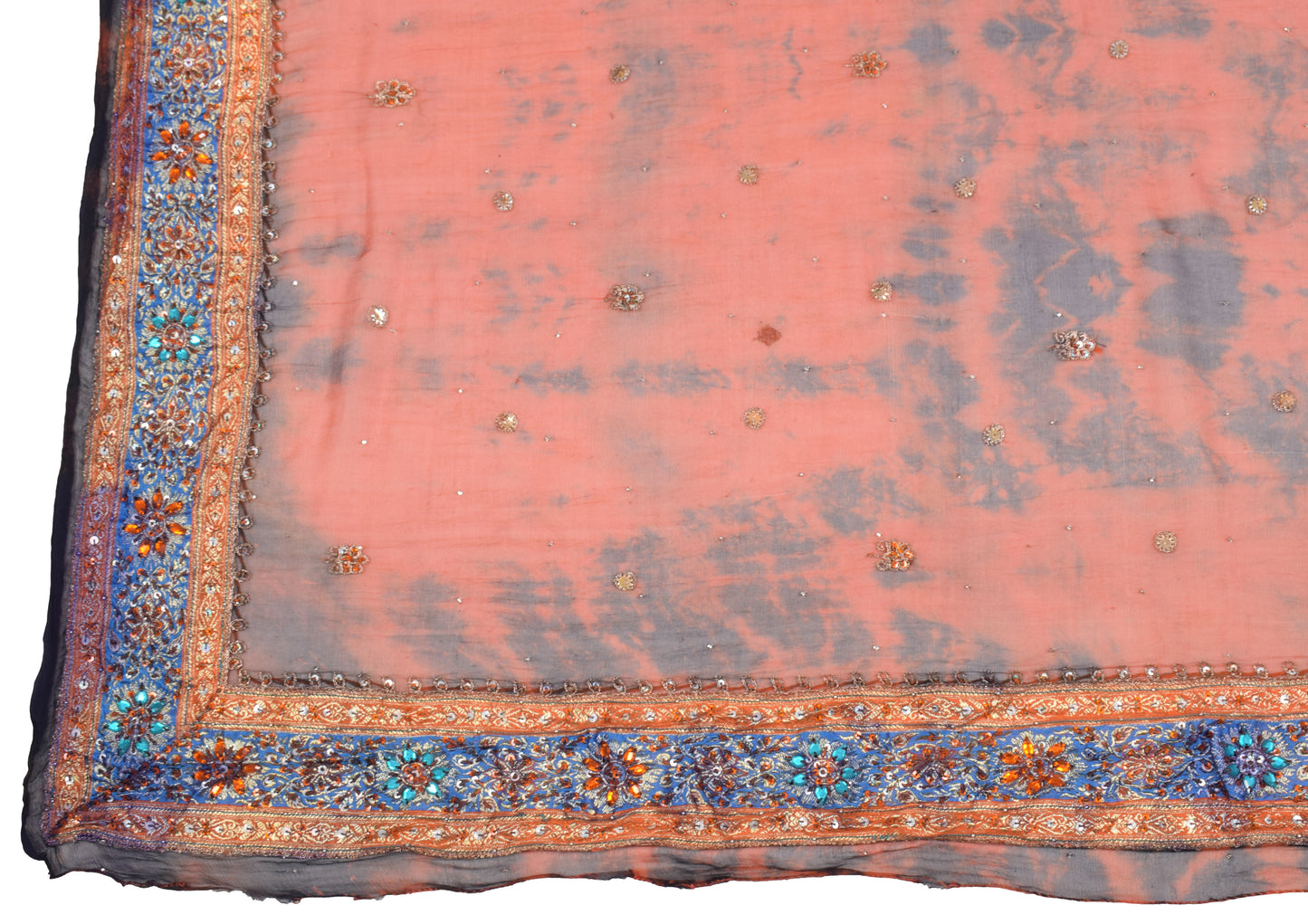 Sushila Vintage Rust Tie-Dye Dupatta Pure Chiffon Floral Hand Beaded Long Stole