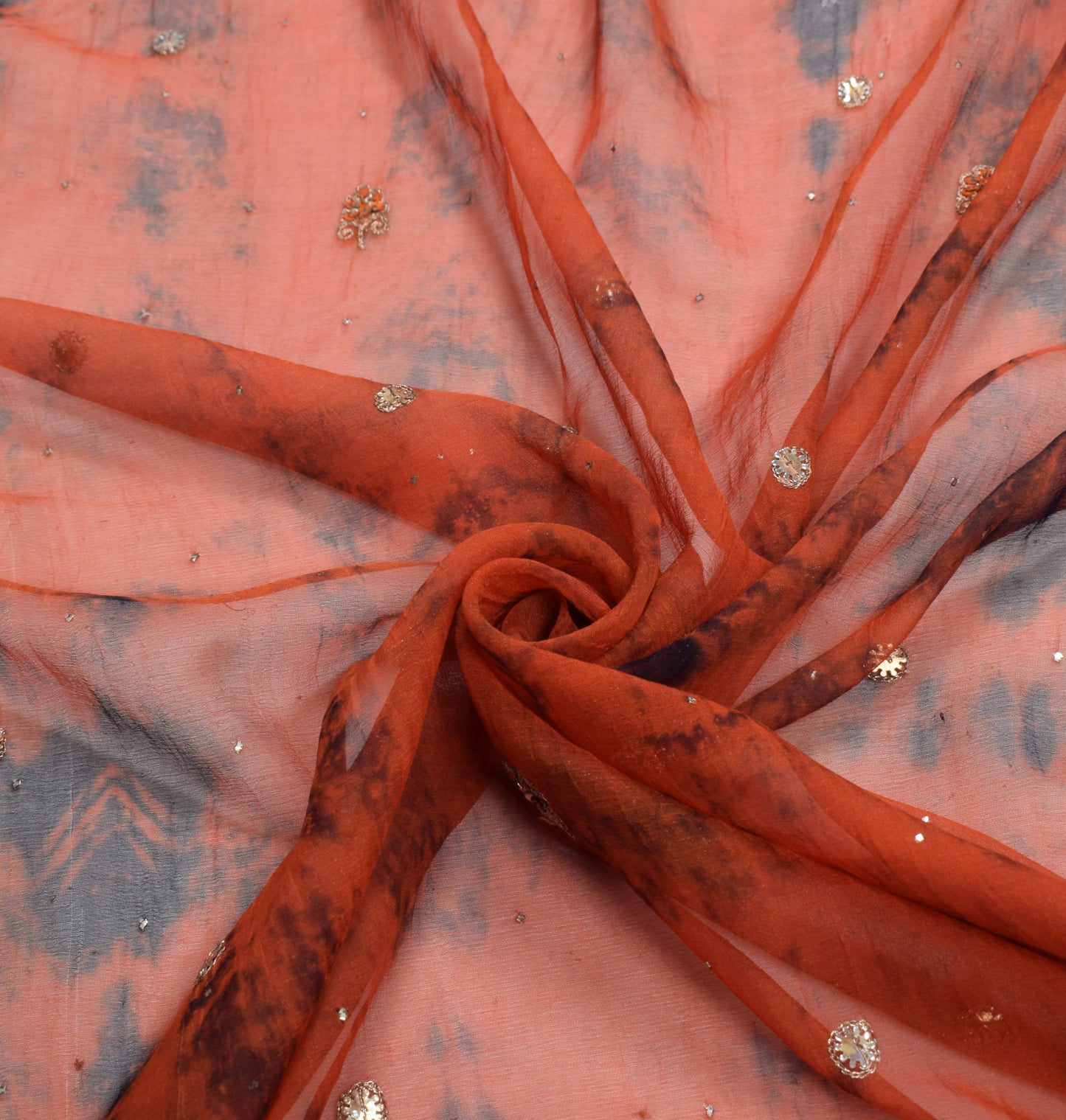 Sushila Vintage Rust Tie-Dye Dupatta Pure Chiffon Floral Hand Beaded Long Stole