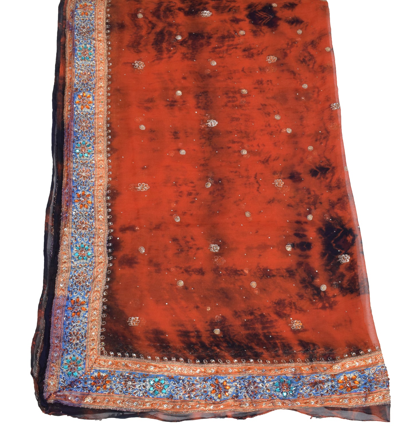 Sushila Vintage Rust Tie-Dye Dupatta Pure Chiffon Floral Hand Beaded Long Stole