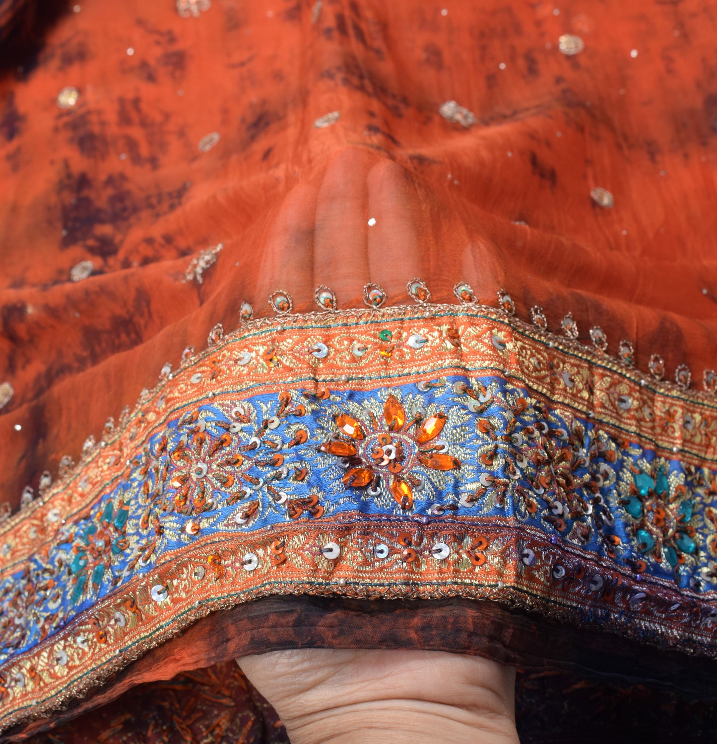 Sushila Vintage Rust Tie-Dye Dupatta Pure Chiffon Floral Hand Beaded Long Stole