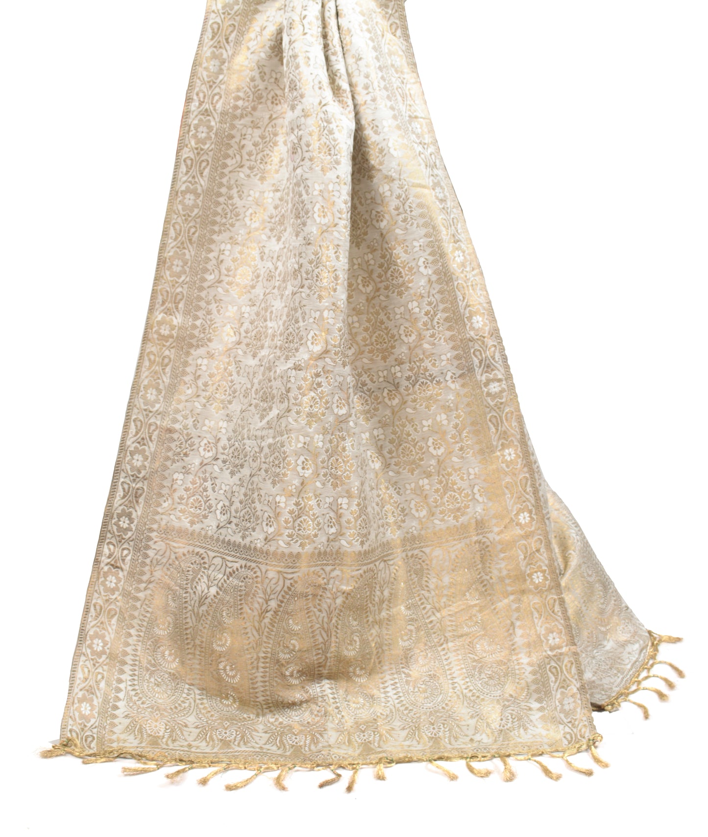 Sushila Vintage Pure Banarasi Satin Silk Dupatta Off White Brocade Floral Long Stole