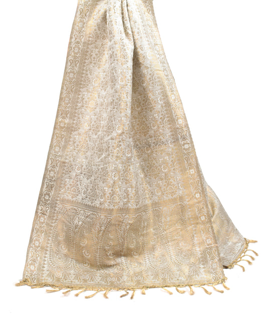 Sushila Vintage Pure Banarasi Satin Silk Dupatta Off White Brocade Floral Long Stole