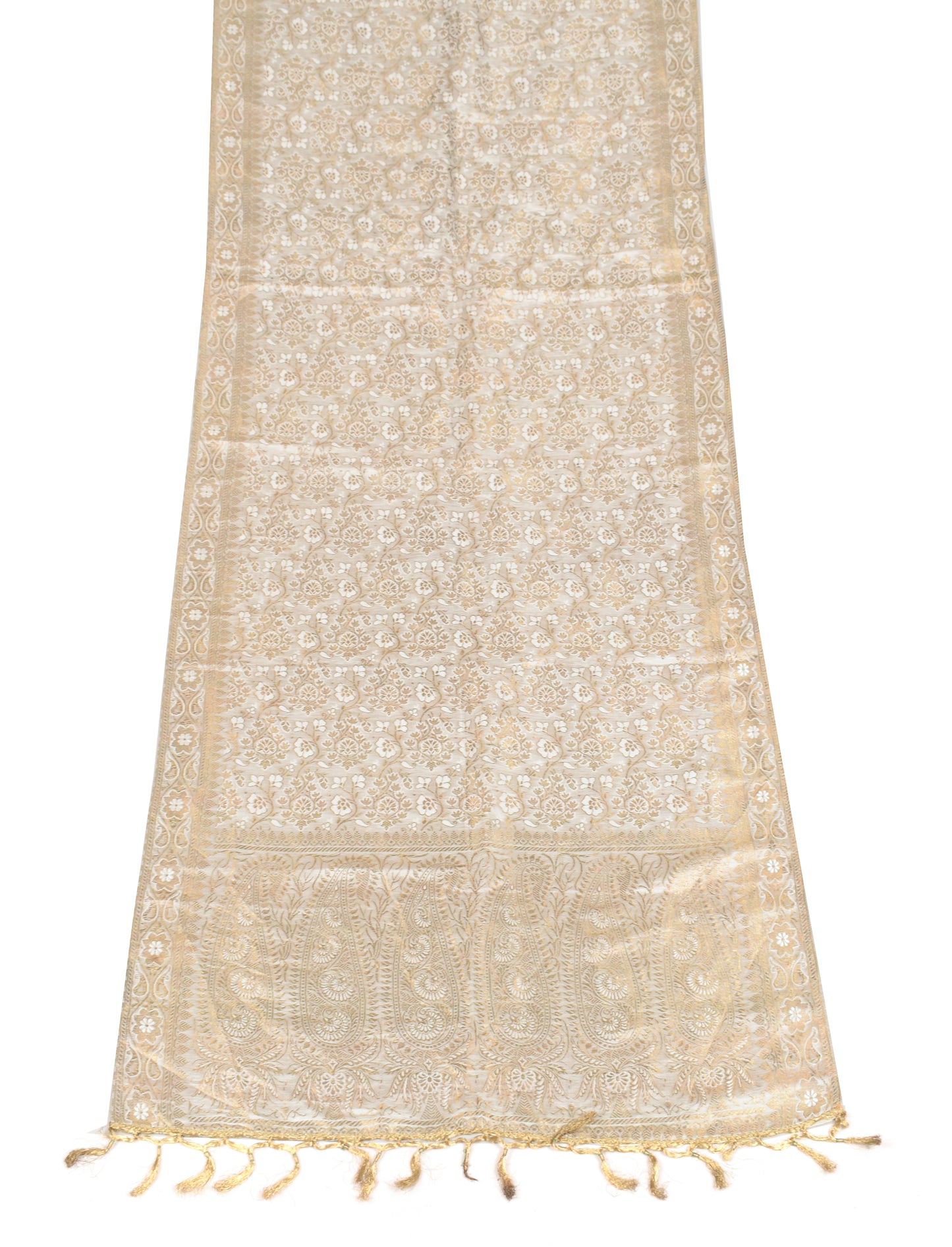 Sushila Vintage Pure Banarasi Satin Silk Dupatta Off White Brocade Floral Long Stole