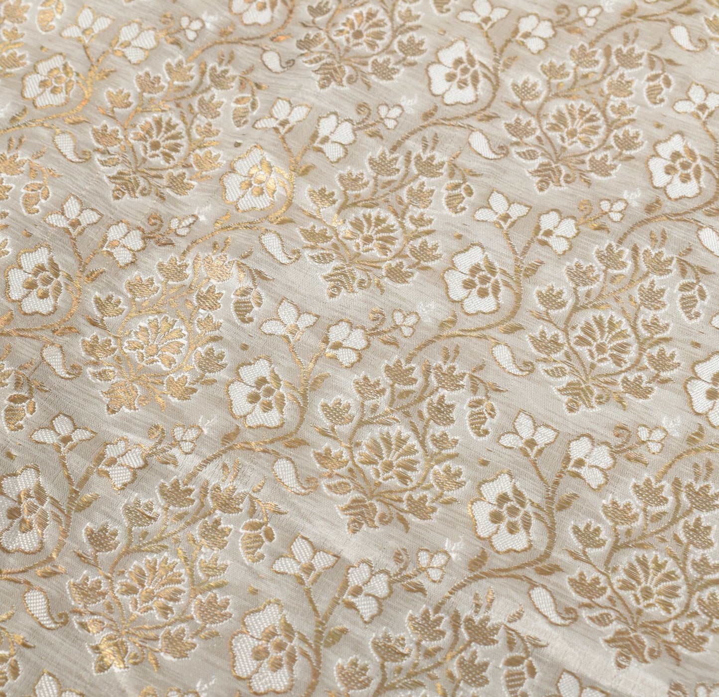 Sushila Vintage Pure Banarasi Satin Silk Dupatta Off White Brocade Floral Long Stole