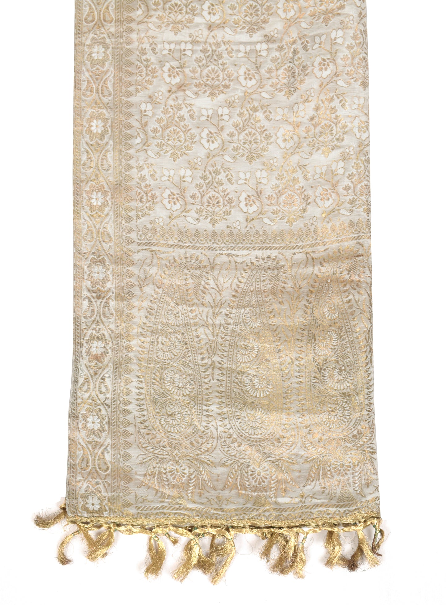 Sushila Vintage Pure Banarasi Satin Silk Dupatta Off White Brocade Floral Long Stole