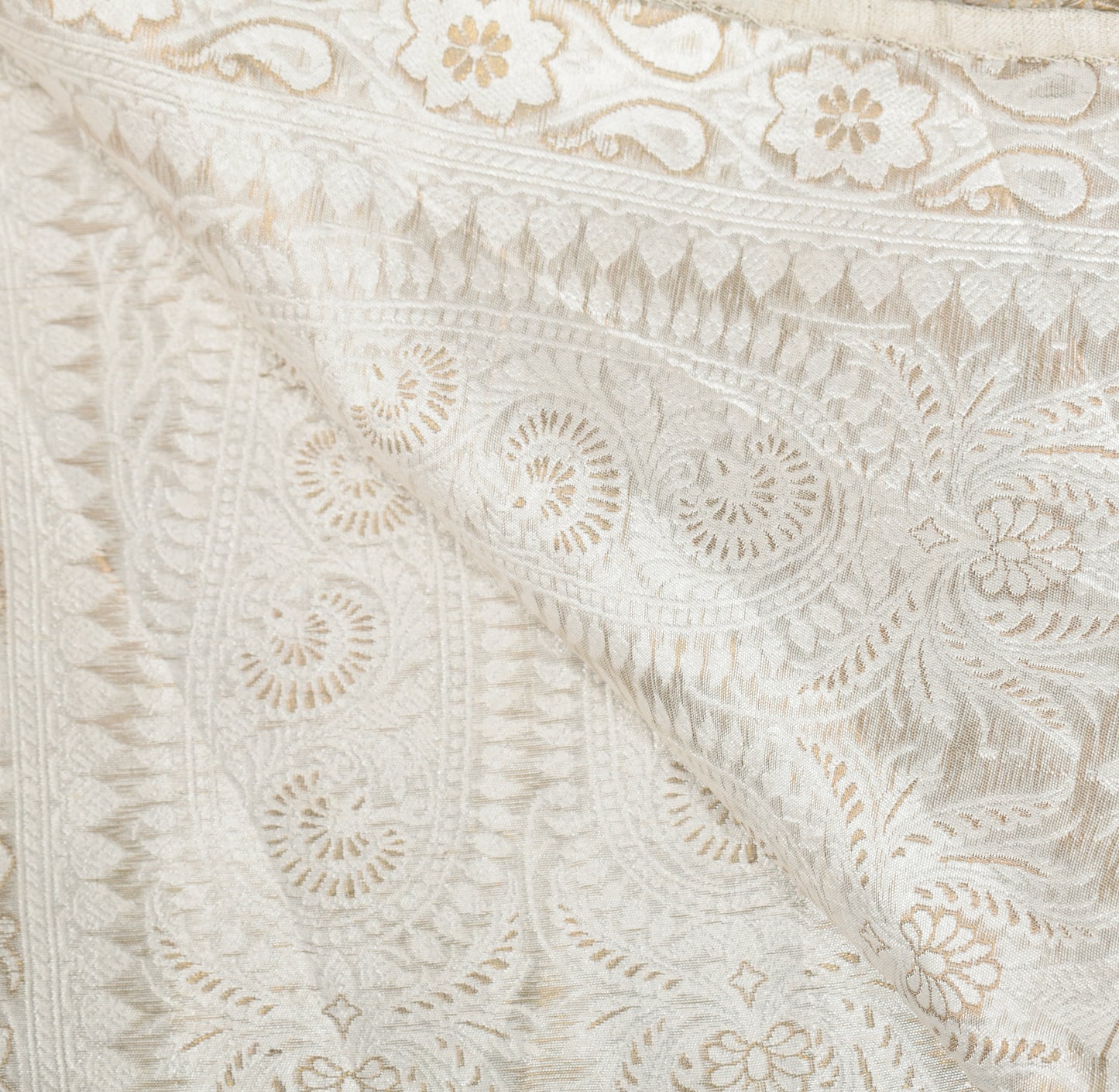 Sushila Vintage Pure Banarasi Satin Silk Dupatta Off White Brocade Floral Long Stole