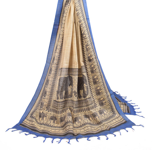 Sushila Vintage Beige Dupatta Pure Cotton Silk Elephant Printed  Long Stole