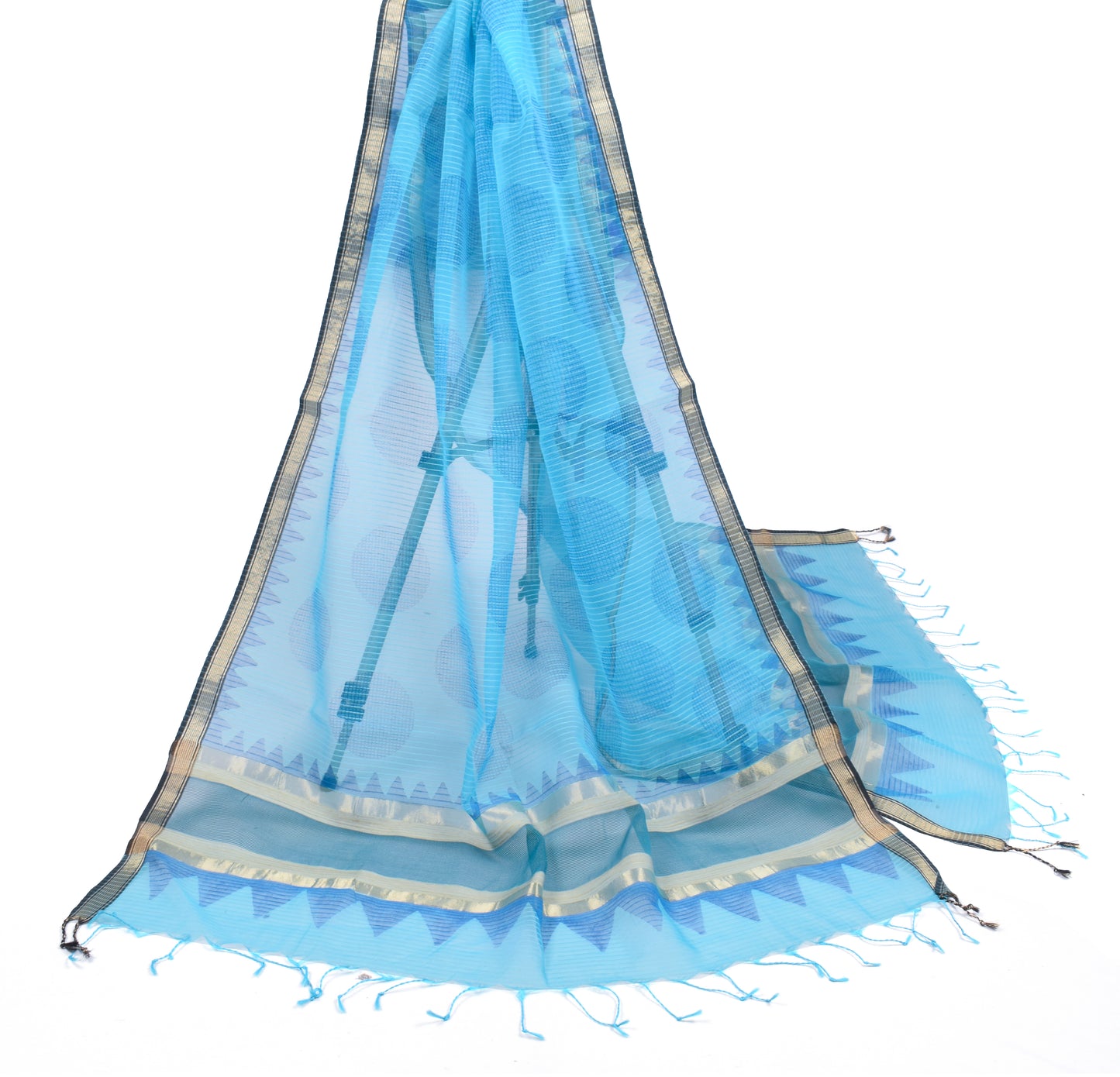 Sushila Vintage Aqua Blue Dupatta Art Organza Silk Polka Dot Print Long Stole