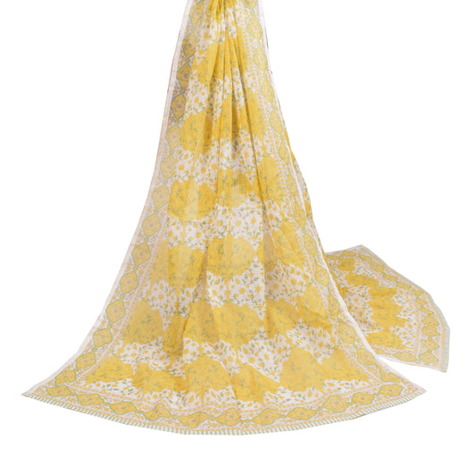 Sushila Vintage Floral Printed Dupatta Pure Cotton White Yellow Long Stole (VD) (Copy)