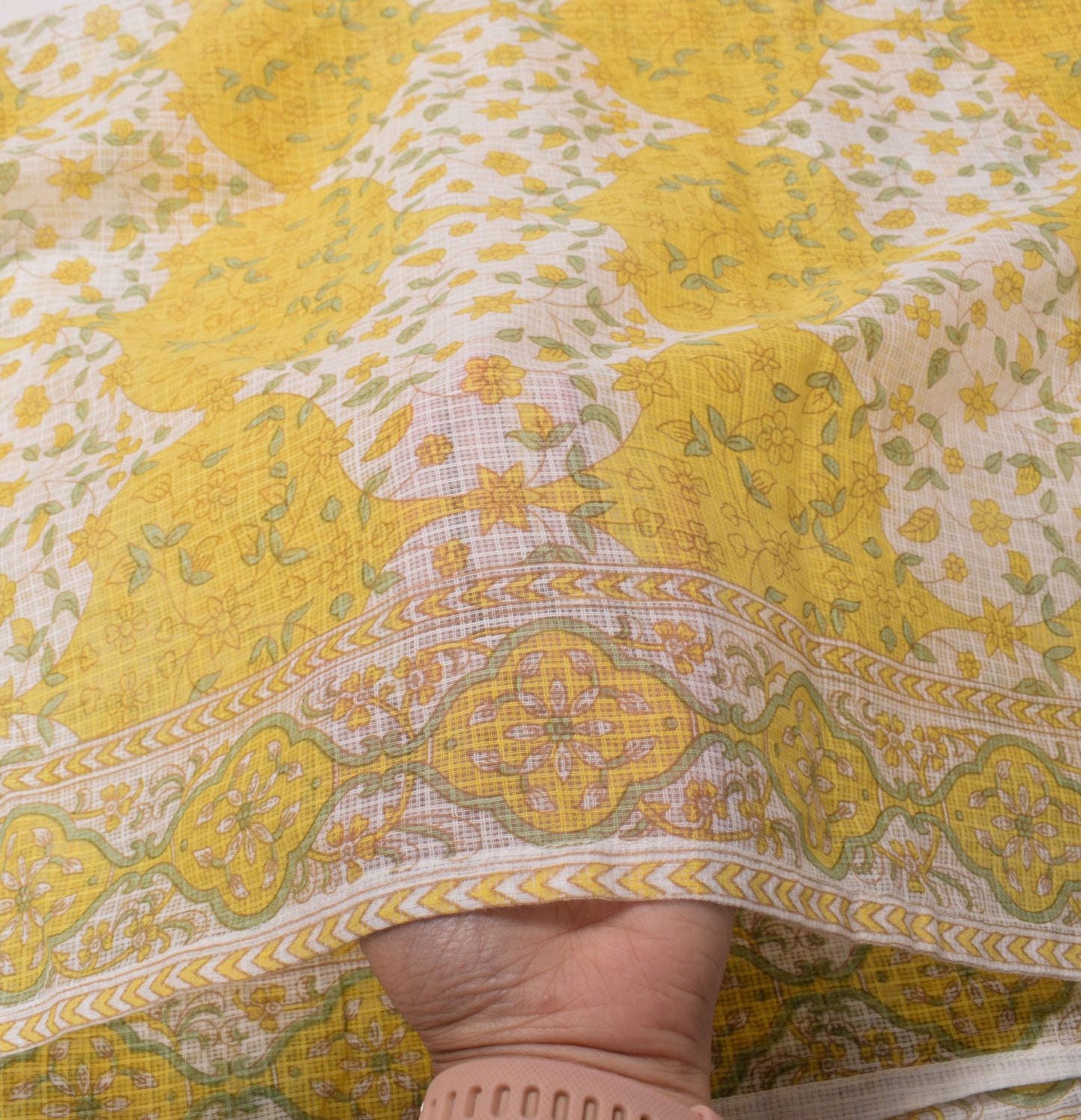 Sushila Vintage Floral Printed Dupatta Pure Cotton White Yellow Long Stole (VD) (Copy)