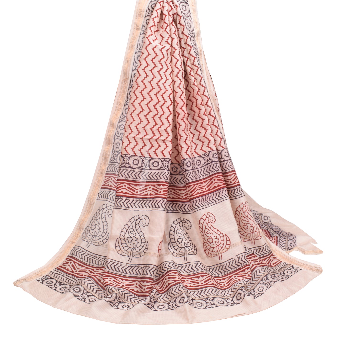 Sushila Vintage Hand Block Printed Dupatta Pure Cotton Zig-Zag Soft Long Stole