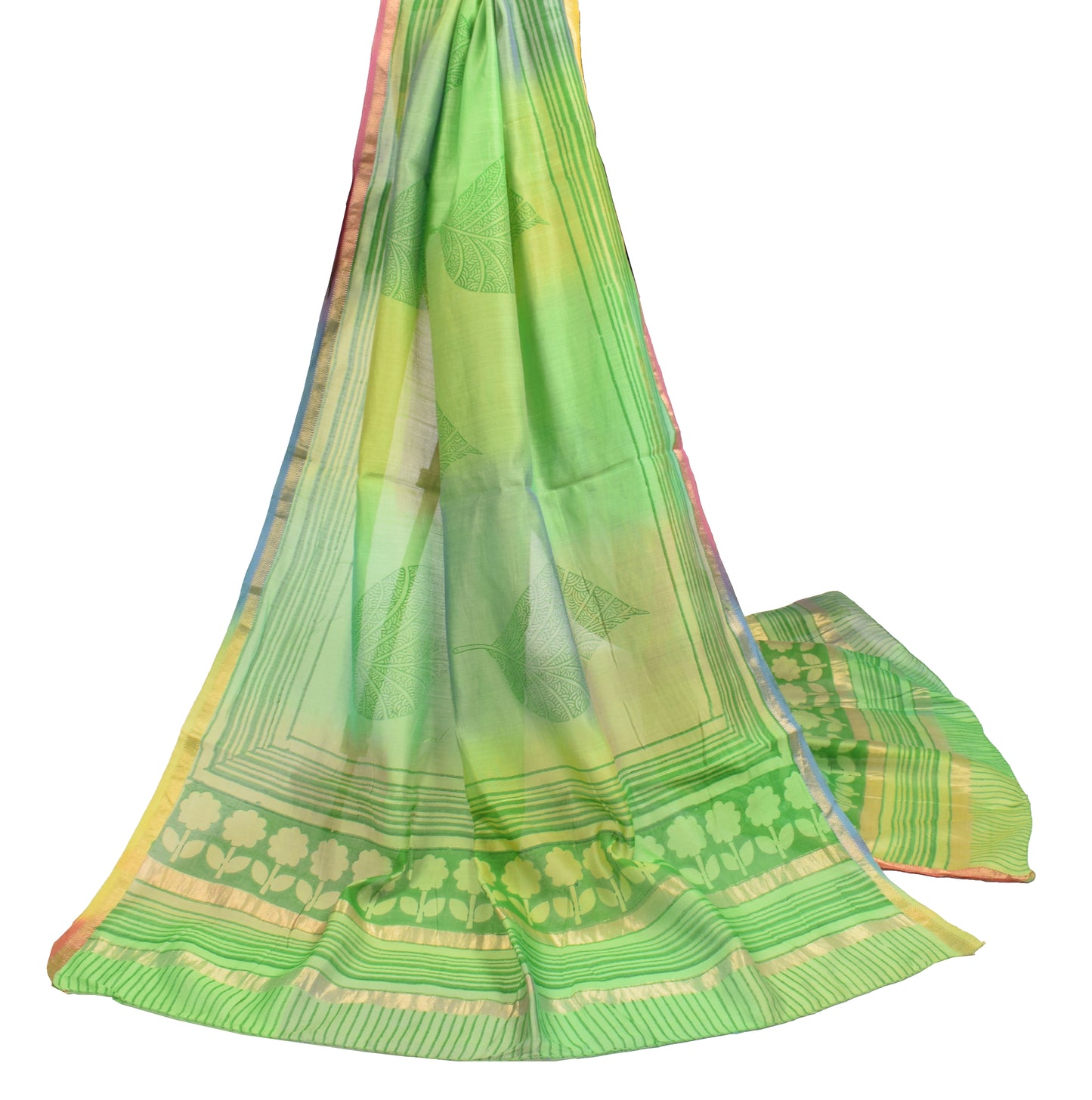 Sushila Vintage Hand Block Printed Dupatta Pure Cotton Silk Green Long Stole