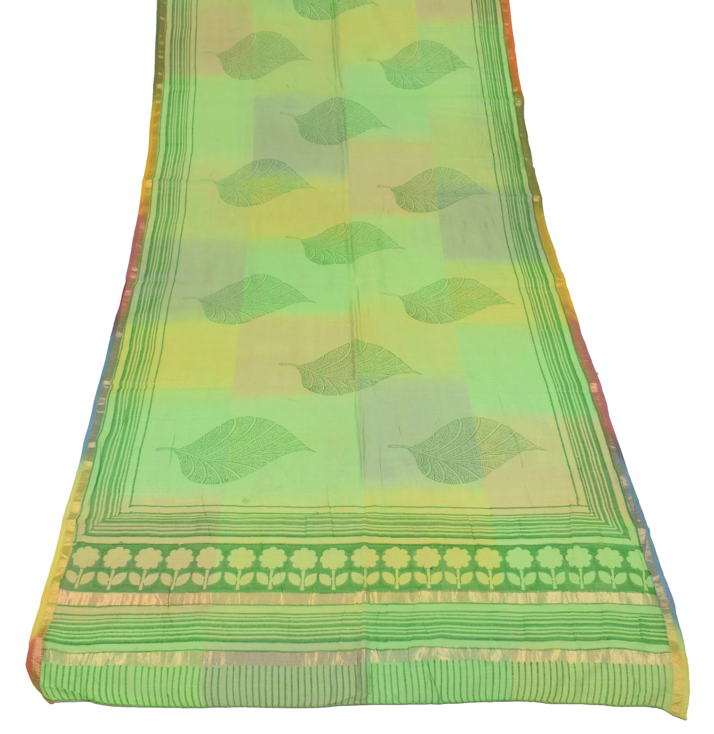Sushila Vintage Hand Block Printed Dupatta Pure Cotton Silk Green Long Stole