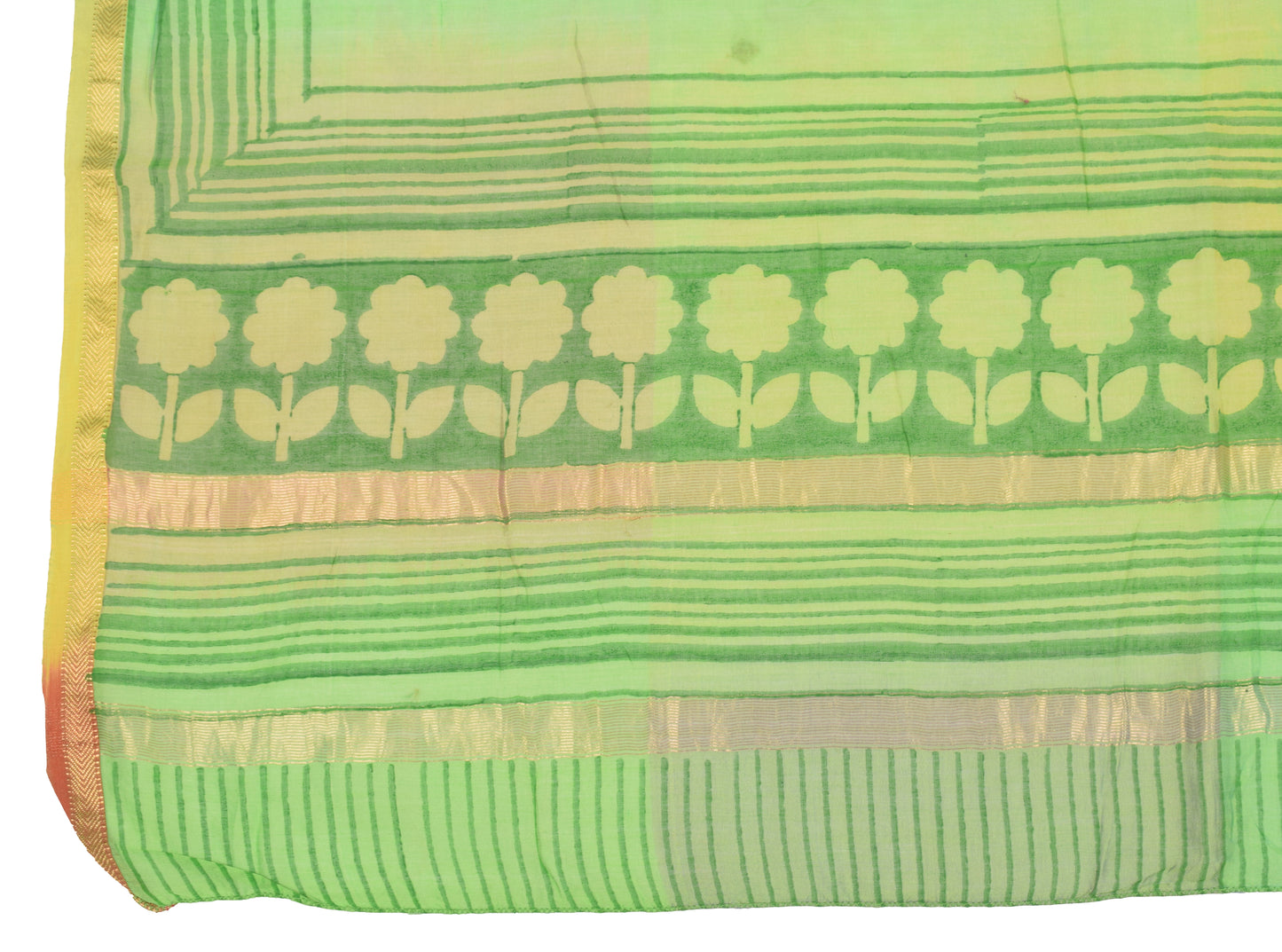 Sushila Vintage Hand Block Printed Dupatta Pure Cotton Silk Green Long Stole