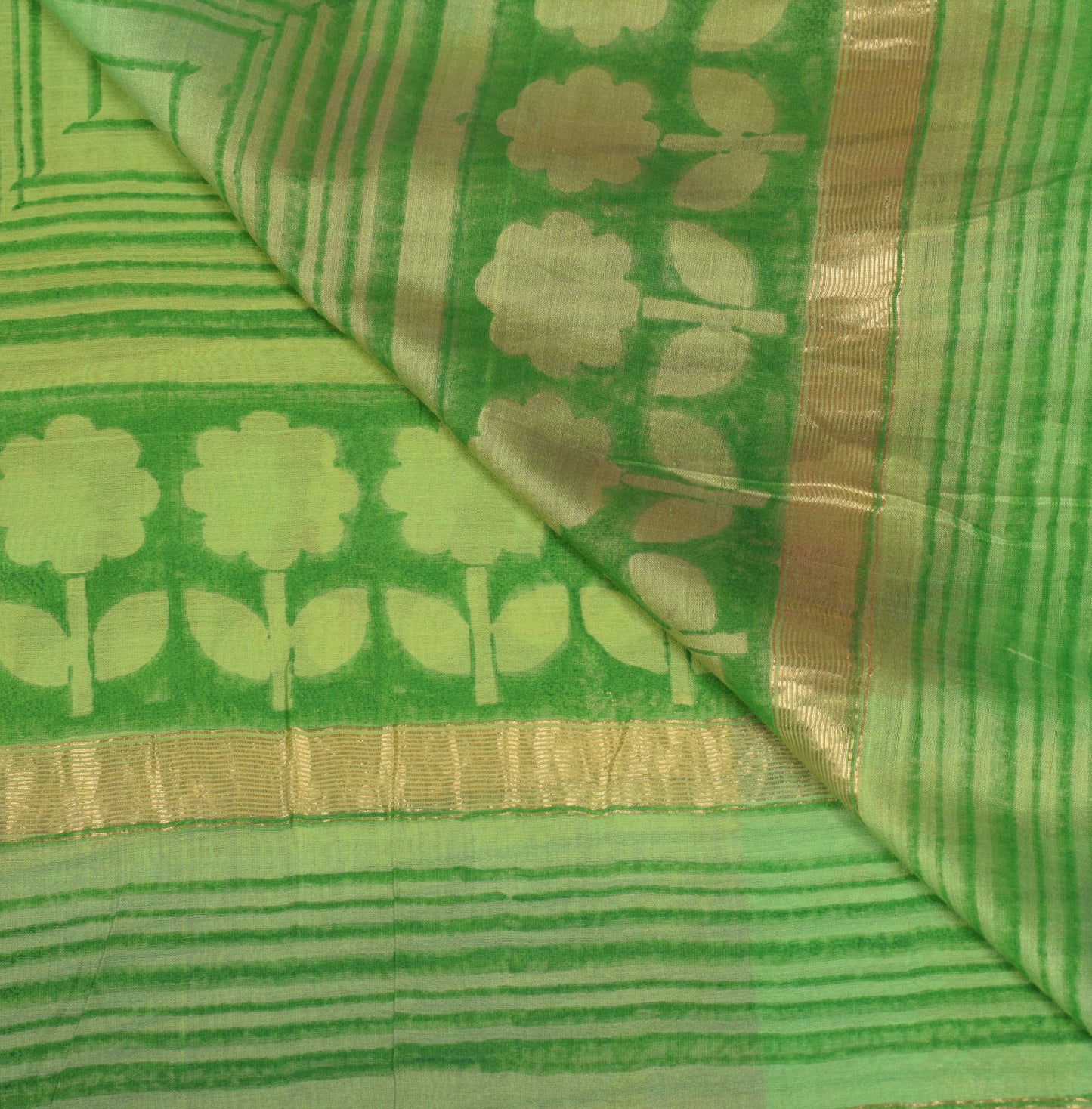 Sushila Vintage Hand Block Printed Dupatta Pure Cotton Silk Green Long Stole