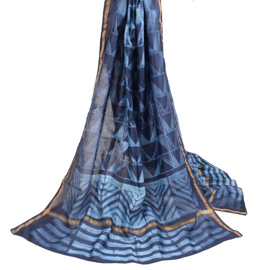 Sushila Vintage Shibori Pure Cotton Silk Dupatta Hand-Dyed Batik Blue Long Stole