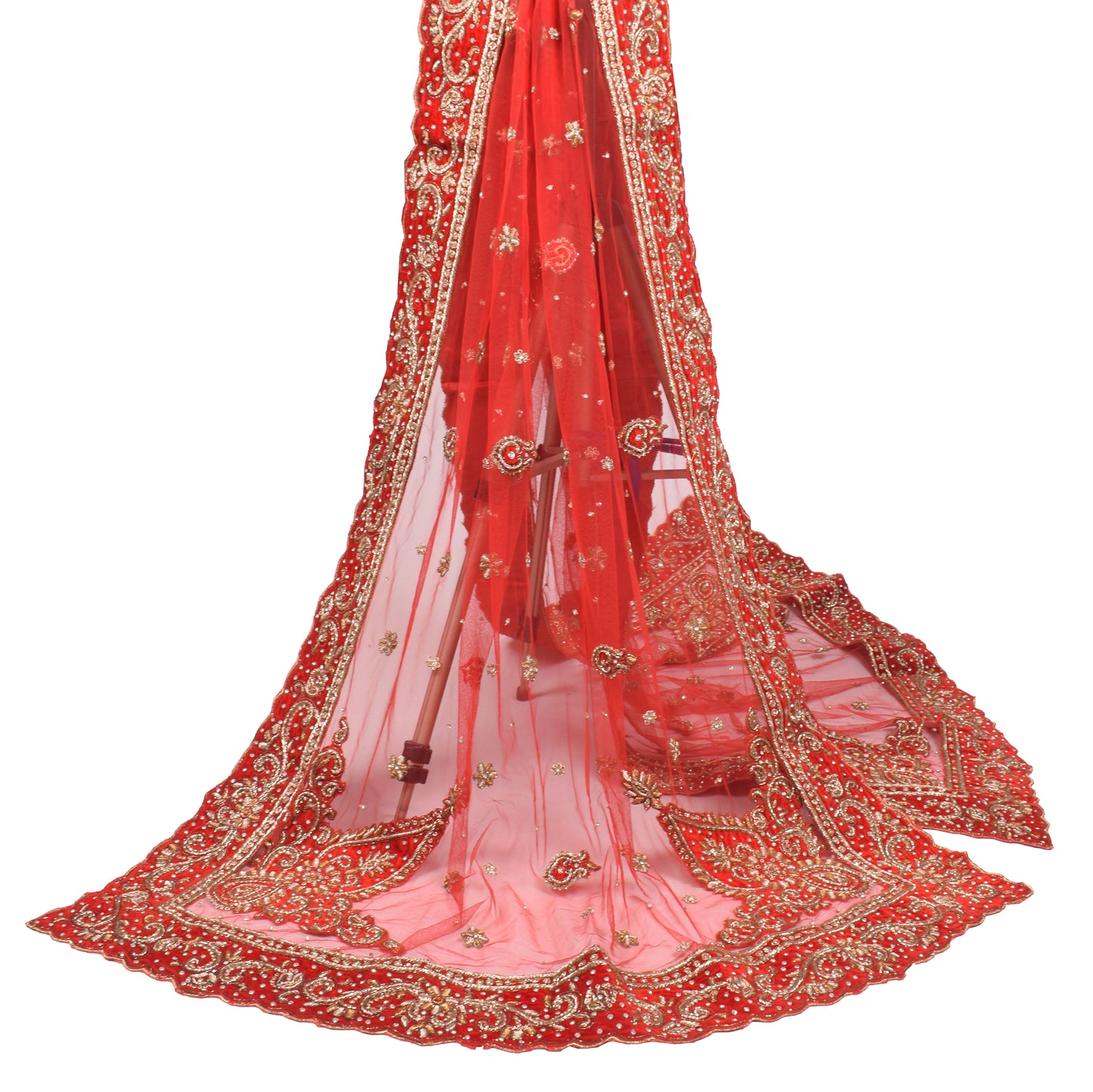 Sushila Vintage Red Heavy Dupatta Velvet Border Zardozi Net Cutwork Long Stole
