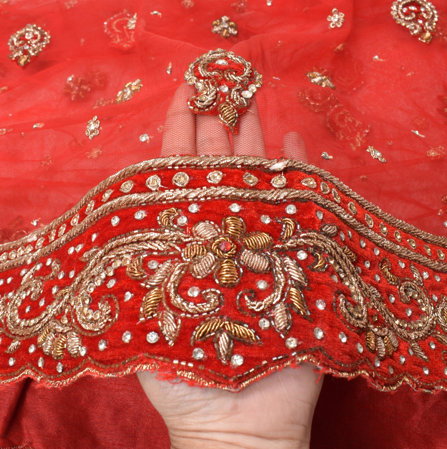 Sushila Vintage Red Heavy Dupatta Velvet Border Zardozi Net Cutwork Long Stole