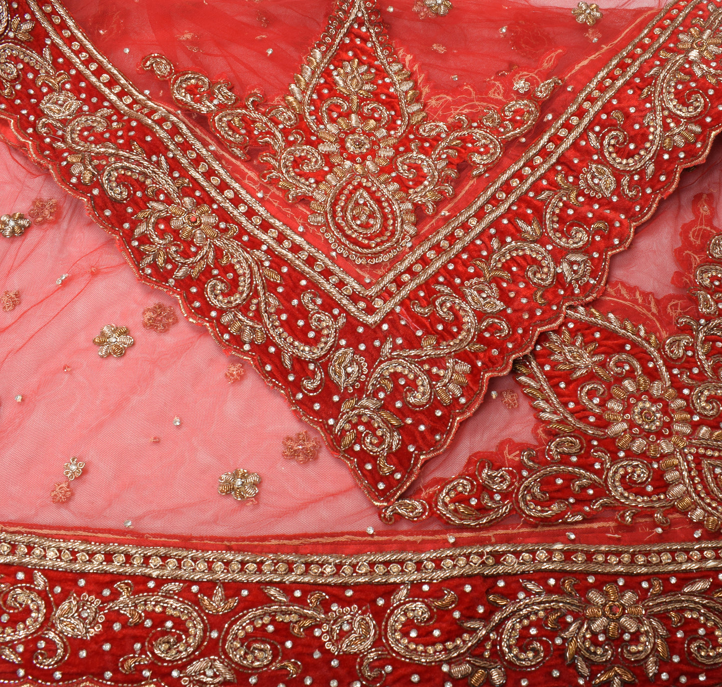 Sushila Vintage Red Heavy Dupatta Velvet Border Zardozi Net Cutwork Long Stole