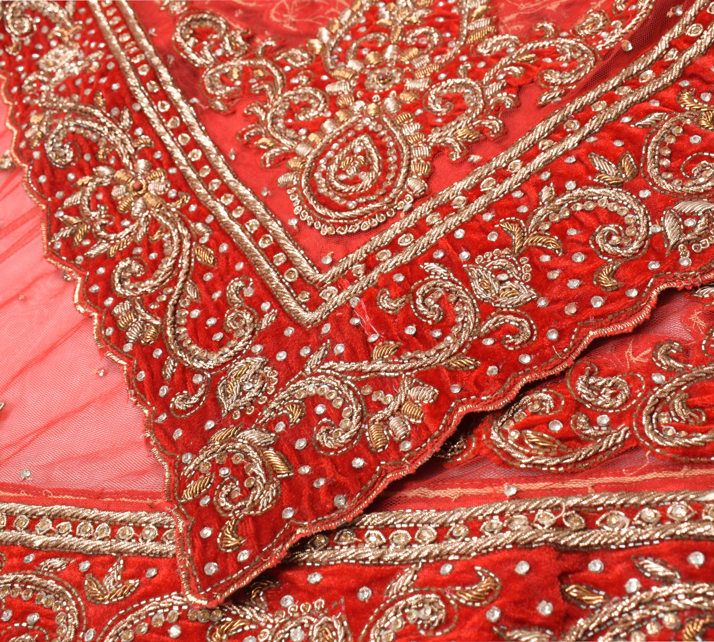 Sushila Vintage Red Heavy Dupatta Velvet Border Zardozi Net Cutwork Long Stole