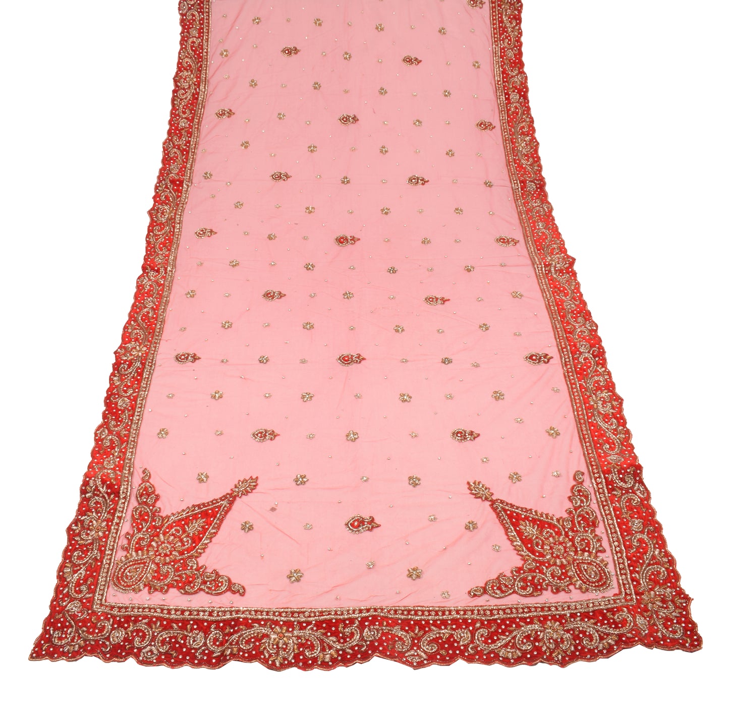 Sushila Vintage Red Heavy Dupatta Velvet Border Zardozi Net Cutwork Long Stole