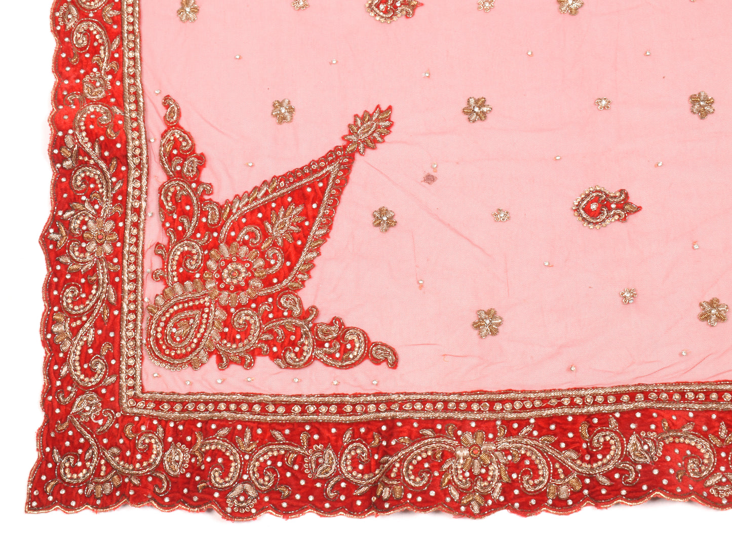 Sushila Vintage Red Heavy Dupatta Velvet Border Zardozi Net Cutwork Long Stole