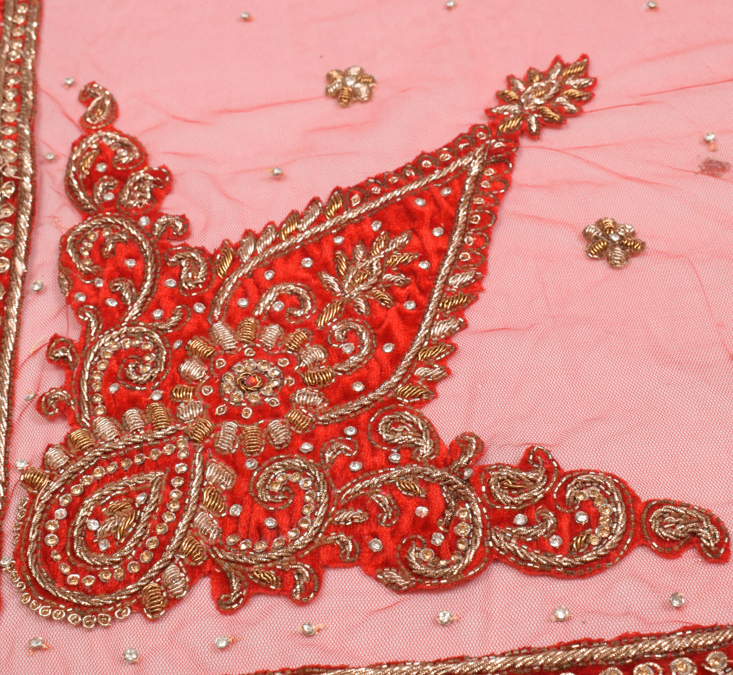 Sushila Vintage Red Heavy Dupatta Velvet Border Zardozi Net Cutwork Long Stole