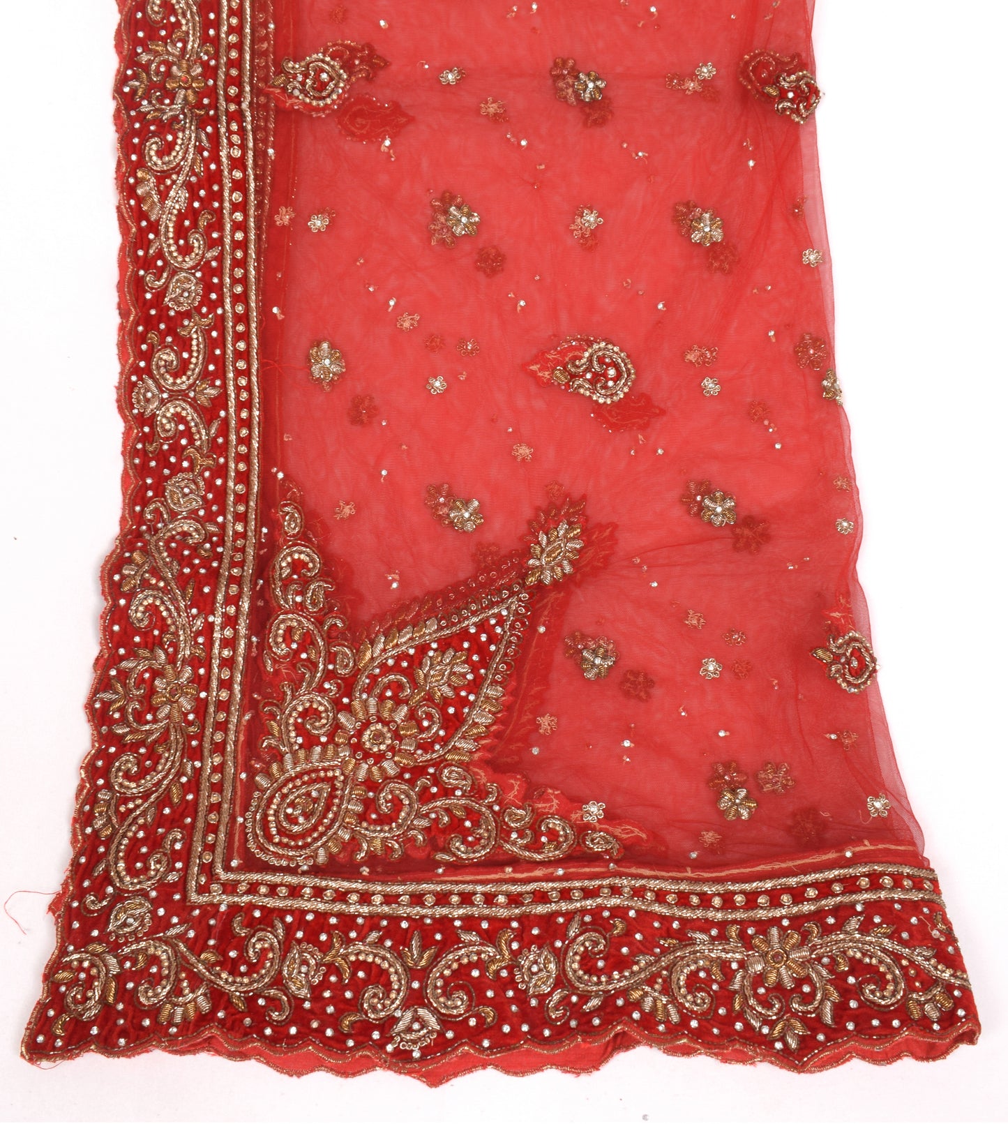 Sushila Vintage Red Heavy Dupatta Velvet Border Zardozi Net Cutwork Long Stole