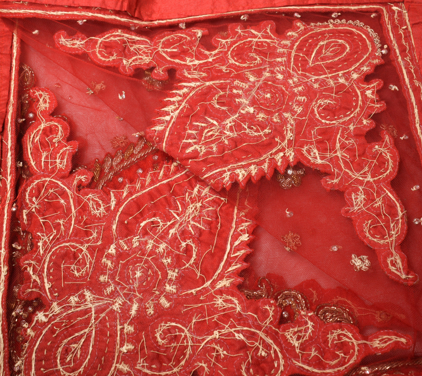 Sushila Vintage Red Heavy Dupatta Velvet Border Zardozi Net Cutwork Long Stole