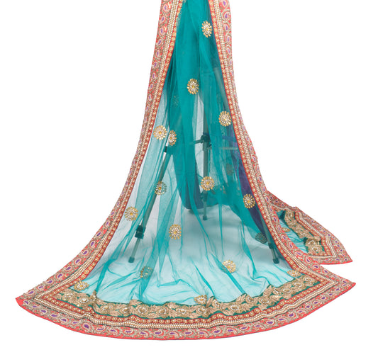 Sushila Vintage Polki Kundan Embroidery Dupatta Teal Net Wedding HEAVY LongStole