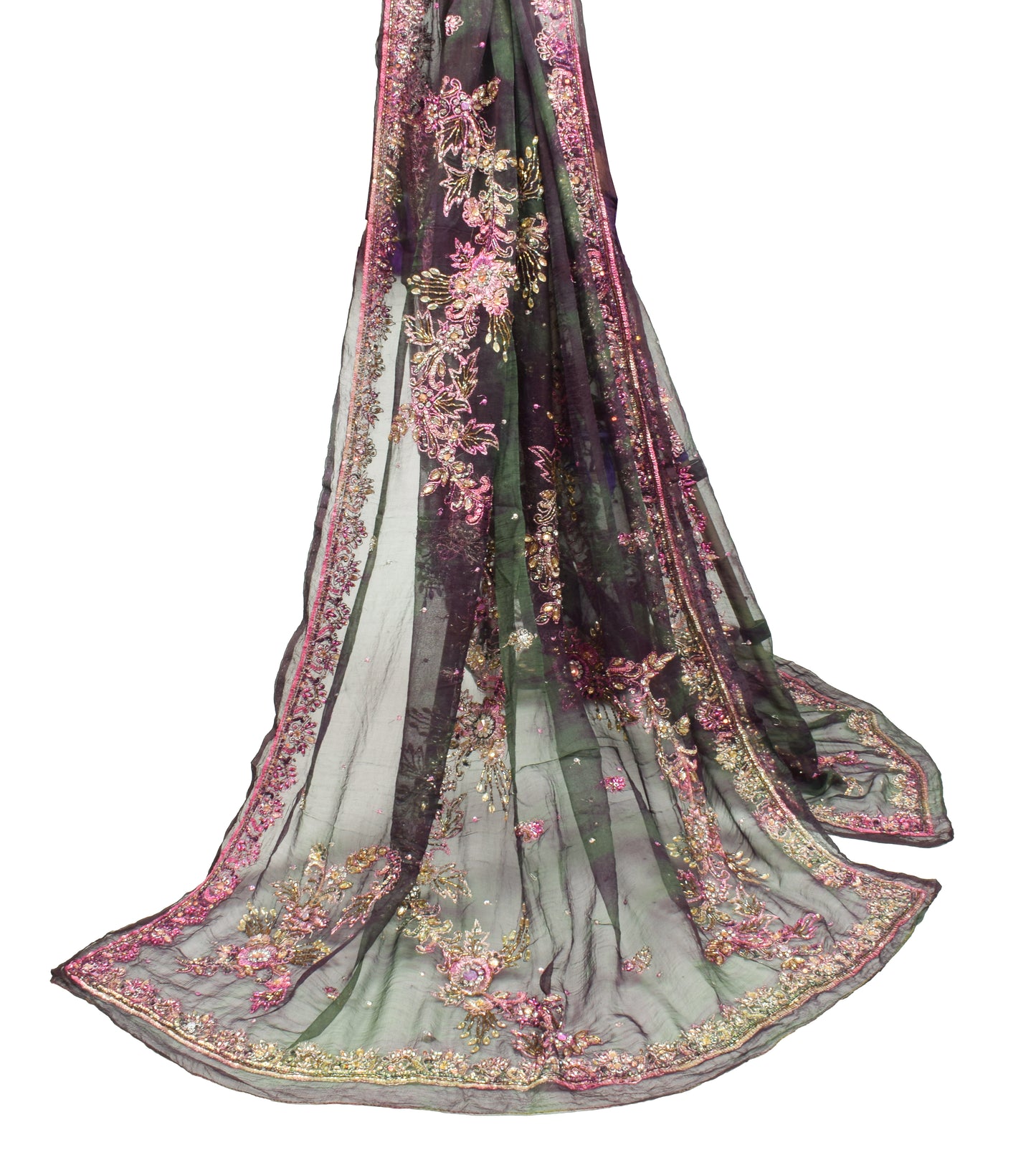 Sushila Vintage Green Tie-dye Dupatta Pure Chiffon Floral Hand Beaded Long Stole (Copy)
