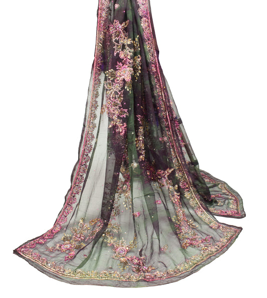 Sushila Vintage Green Tie-dye Dupatta Pure Chiffon Floral Hand Beaded Long Stole (Copy)