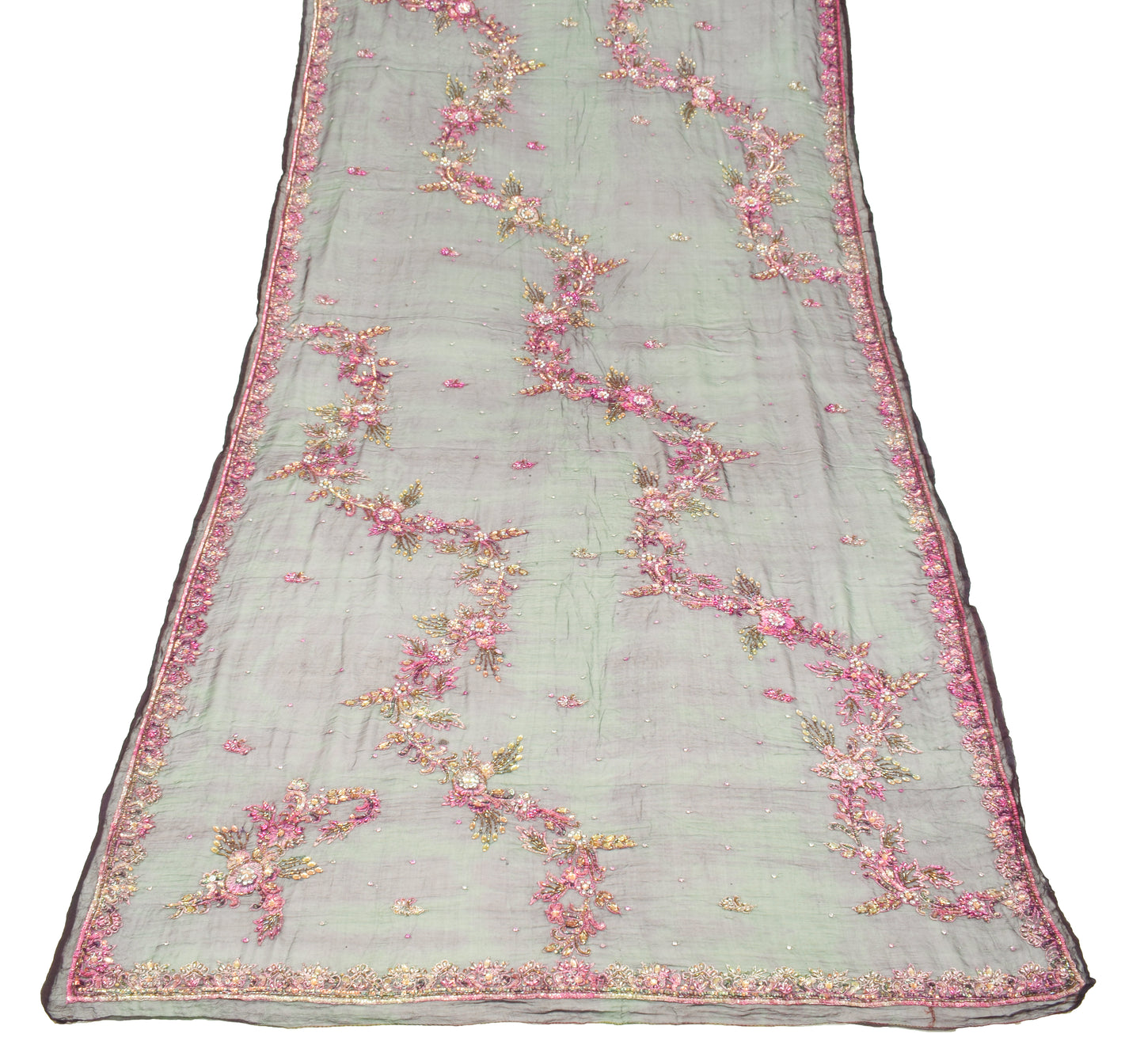 Sushila Vintage Green Tie-dye Dupatta Pure Chiffon Floral Hand Beaded Long Stole (Copy)
