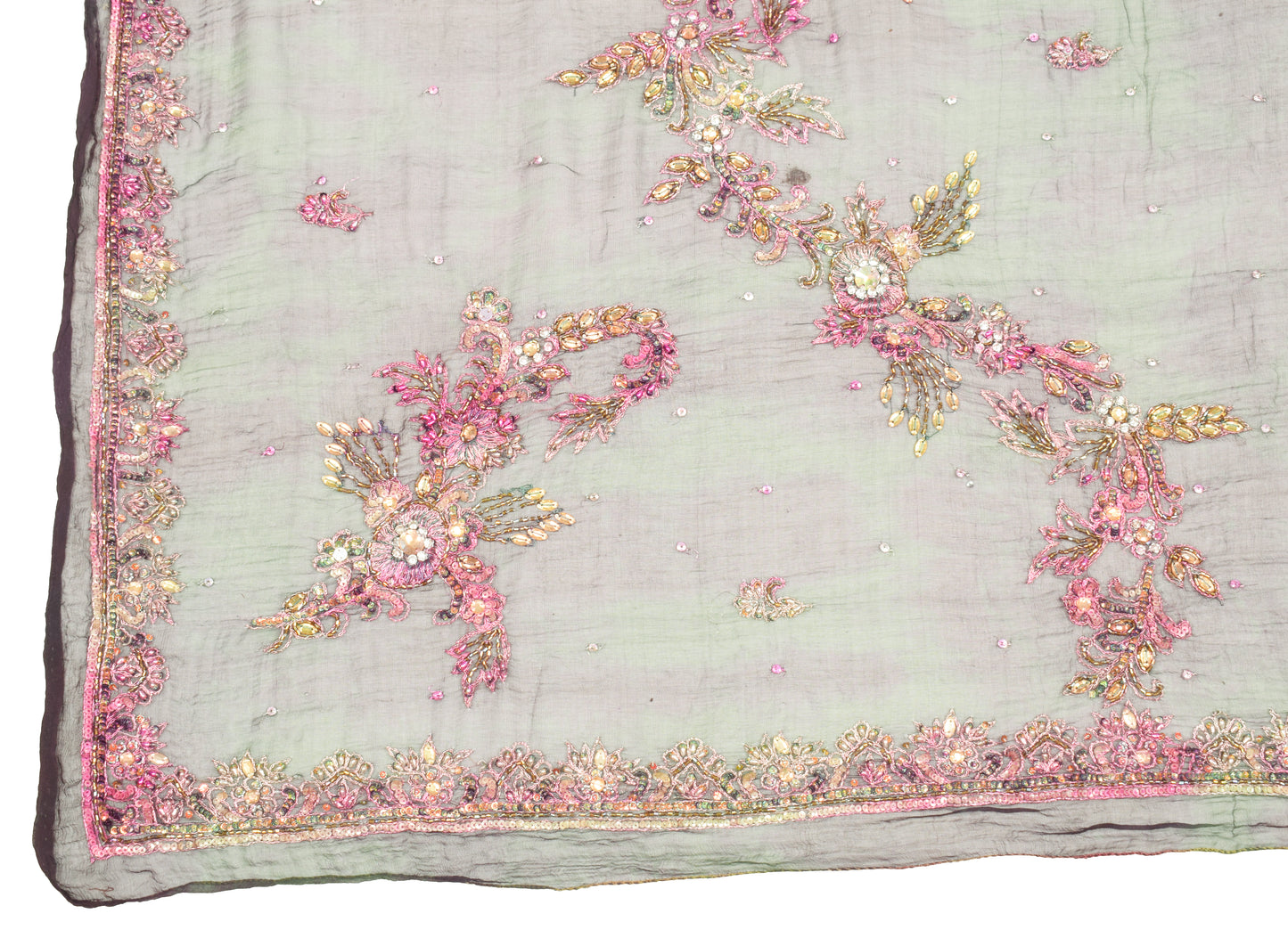 Sushila Vintage Green Tie-dye Dupatta Pure Chiffon Floral Hand Beaded Long Stole (Copy)