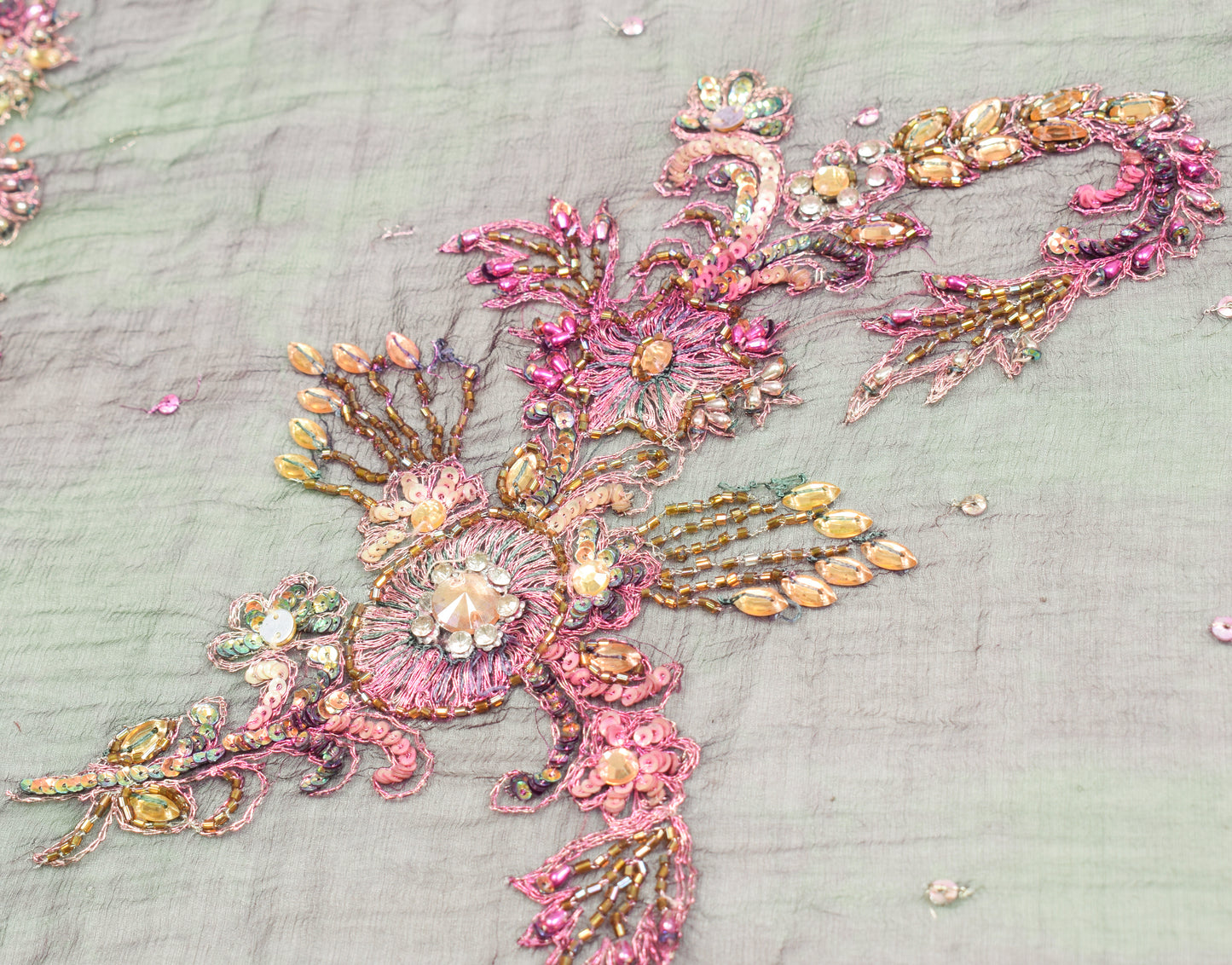 Sushila Vintage Green Tie-dye Dupatta Pure Chiffon Floral Hand Beaded Long Stole (Copy)