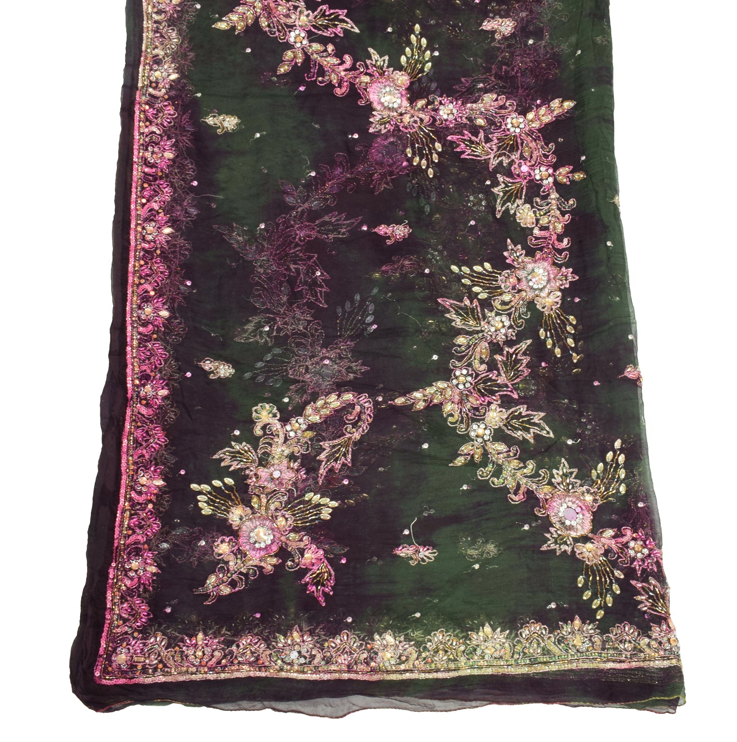 Sushila Vintage Green Tie-dye Dupatta Pure Chiffon Floral Hand Beaded Long Stole (Copy)