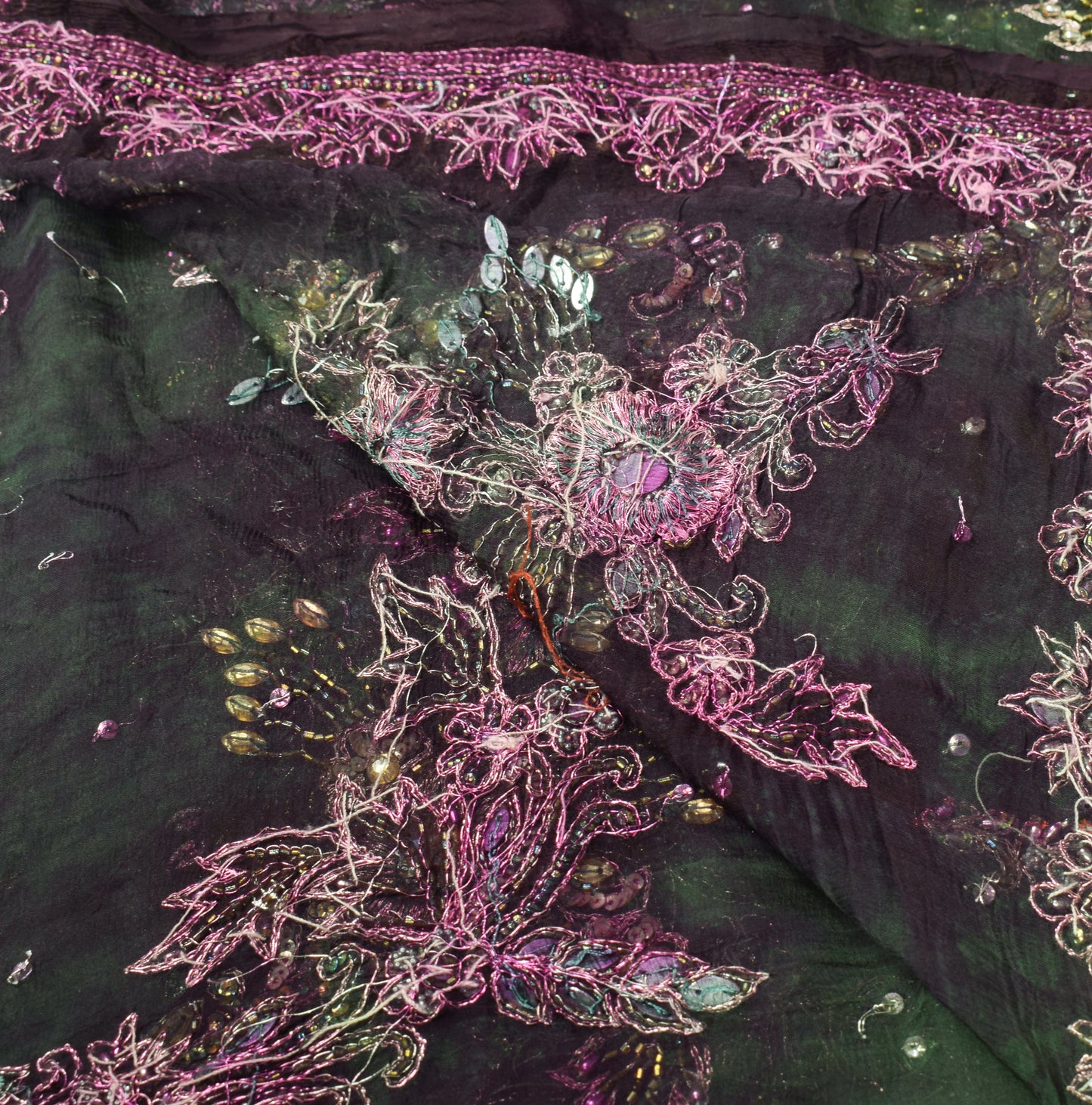 Sushila Vintage Green Tie-dye Dupatta Pure Chiffon Floral Hand Beaded Long Stole (Copy)