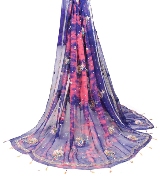 Sushila Vintage Blue Tie-dye Dupatta Pure Chiffon Floral Hand Beaded Long Stole
