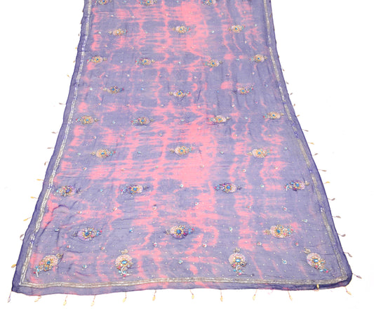 Sushila Vintage Blue Tie-dye Dupatta Pure Chiffon Floral Hand Beaded Long Stole