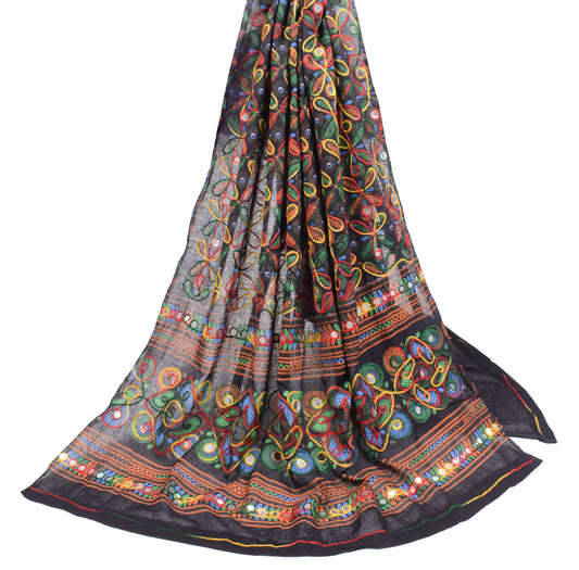 Sushila Vintage Banjara Long Stole Embroidered Kutchwork Pure Cotton Black Dupatta