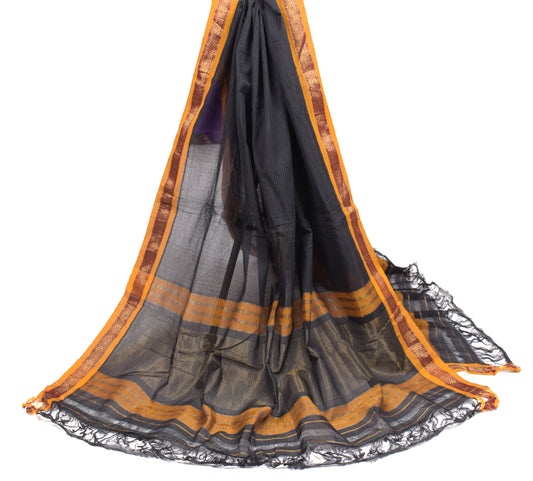 Sushila Vintage Black Chettinad Dupatta Pure Cotton Stripes Zari Woven Long Stole